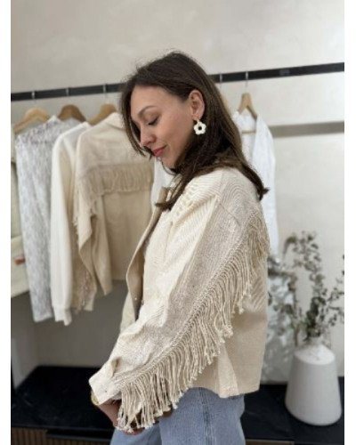 Veste jeans écru à franges 