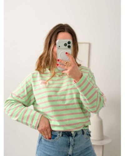 Sweat à rayures vert et rose