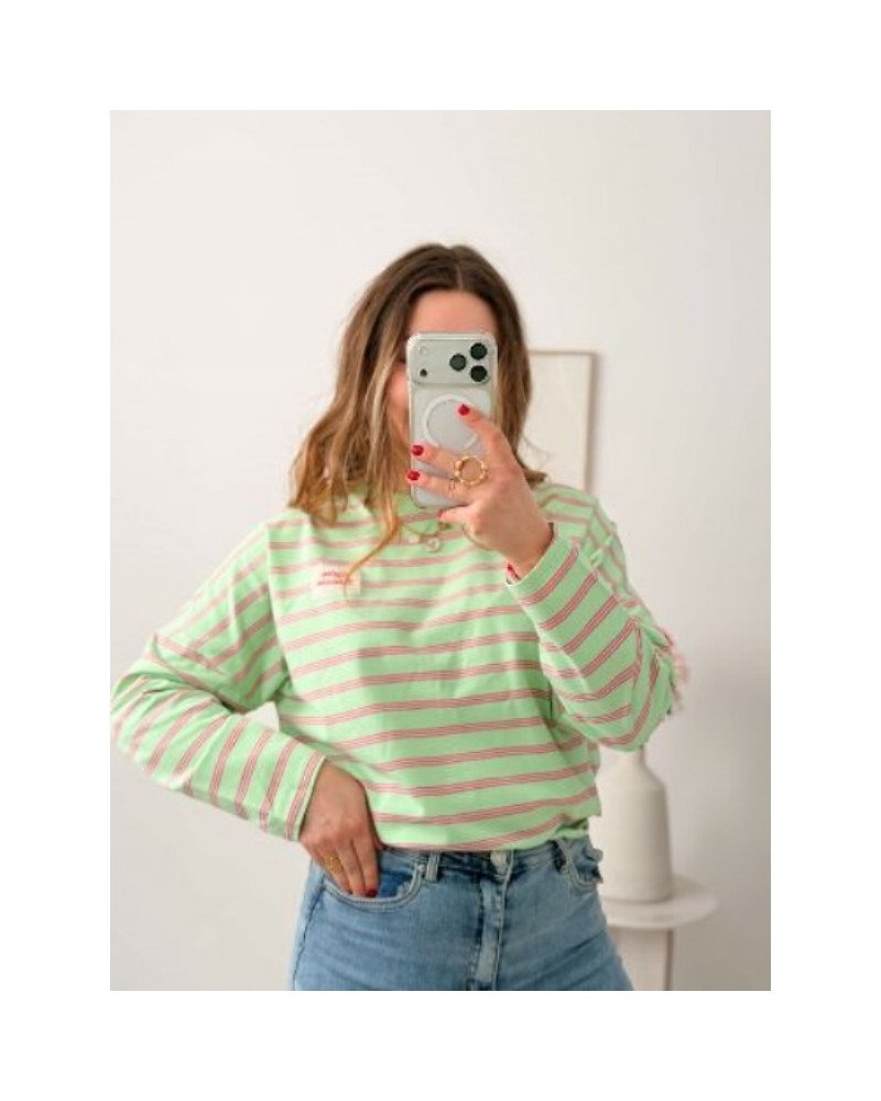 Sweat à rayures vert et rose