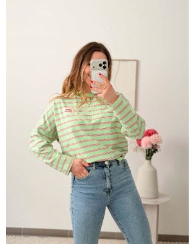 Sweat à rayures vert et rose