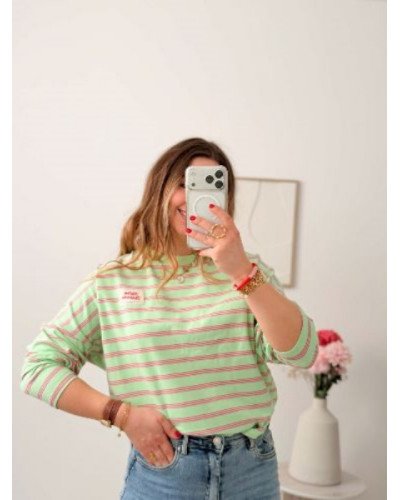 Sweat à rayures vert et rose