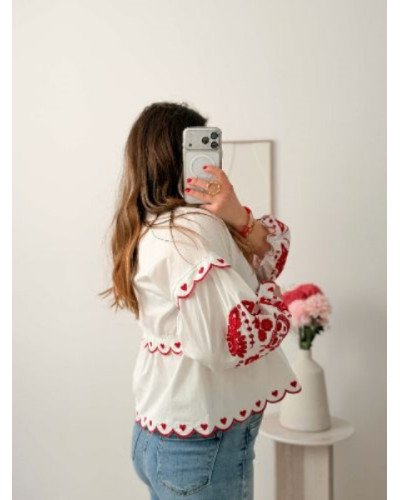 Blouse brodée coeur - Blanc et rouge