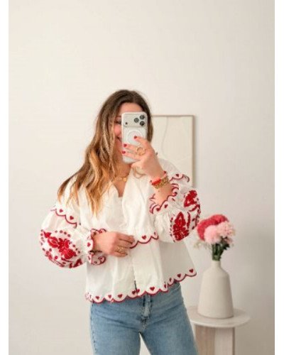 Blouse brodée coeur - Blanc et rouge