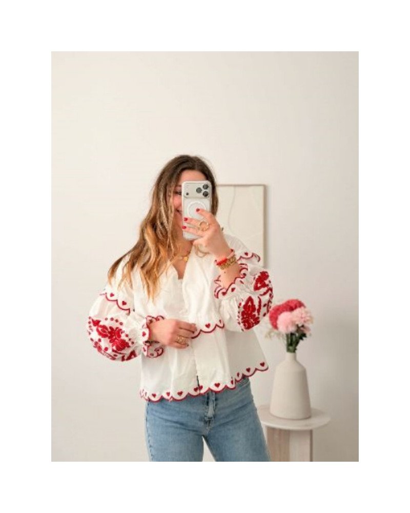Blouse brodée coeur - Blanc et rouge