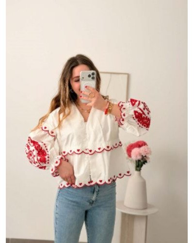 Blouse brodée coeur - Blanc et rouge