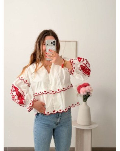 Blouse brodée coeur - Blanc et rouge