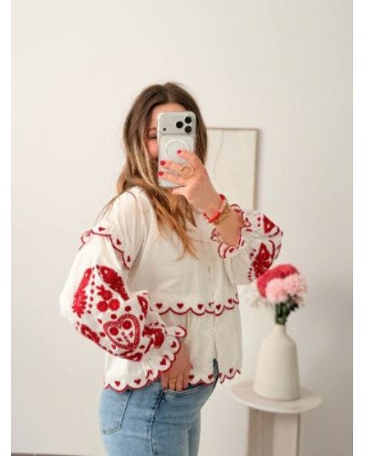 Blouse brodée coeur - Blanc et rouge