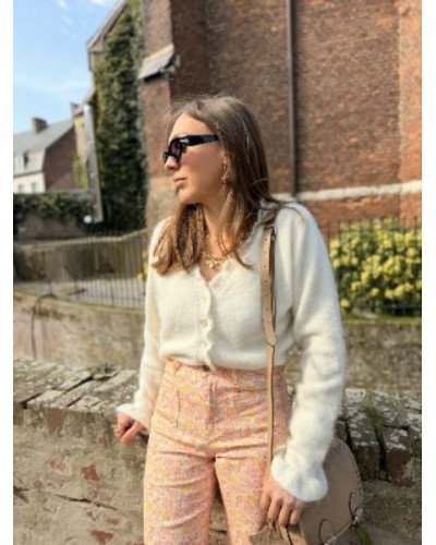 Pantalon bohème fleuri orange, jaune et rose – Coupe flare femme
