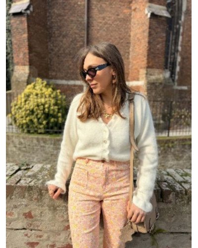 Pantalon bohème fleuri orange, jaune et rose – Coupe flare femme