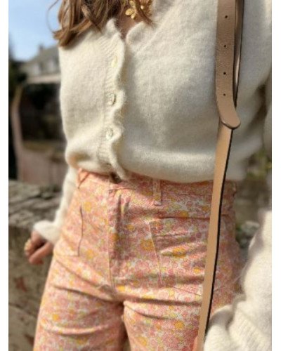 Pantalon bohème fleuri orange, jaune et rose – Coupe flare femme