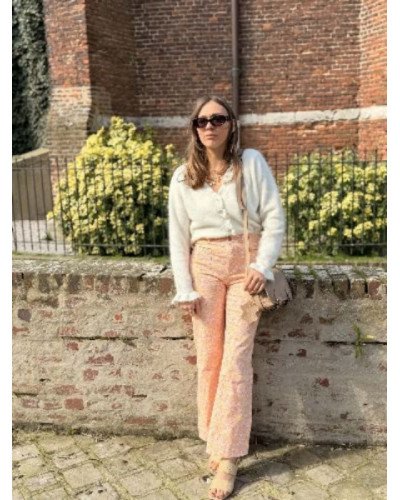 Pantalon bohème fleuri orange, jaune et rose – Coupe flare femme