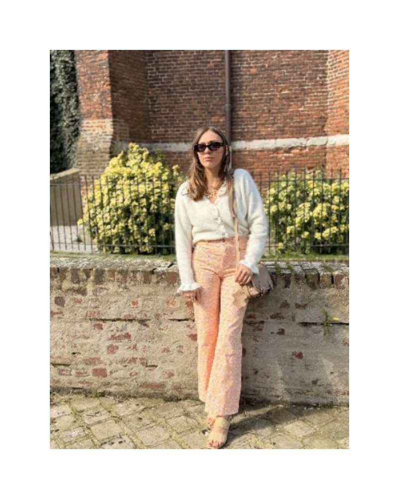 Pantalon bohème fleuri orange, jaune et rose – Coupe flare femme