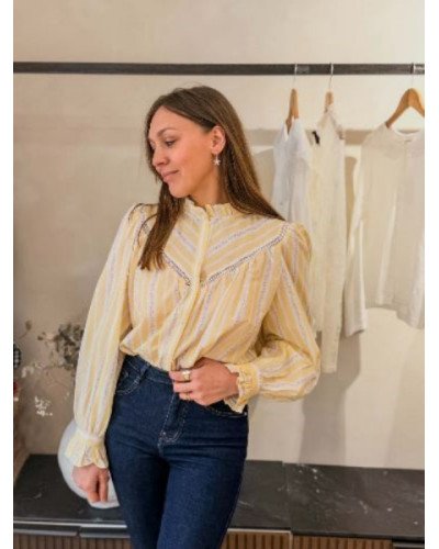 Chemise rayures jaunes et fleurs roses