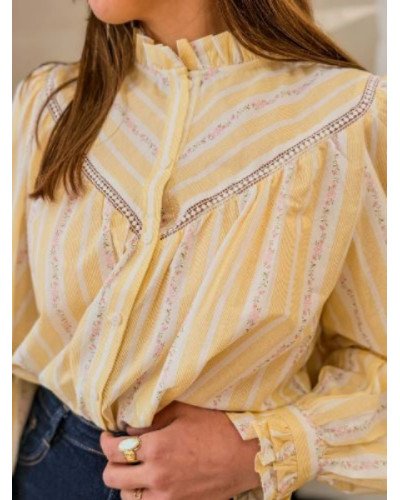 Chemise rayures jaunes et fleurs roses