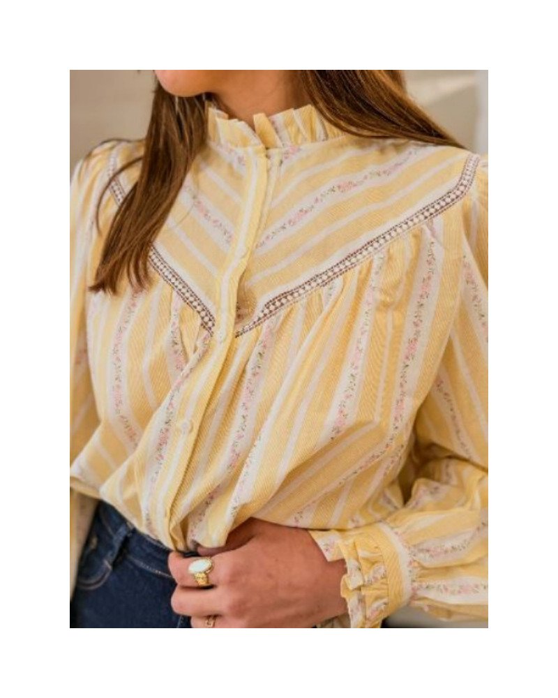 Chemise rayures jaunes et fleurs roses
