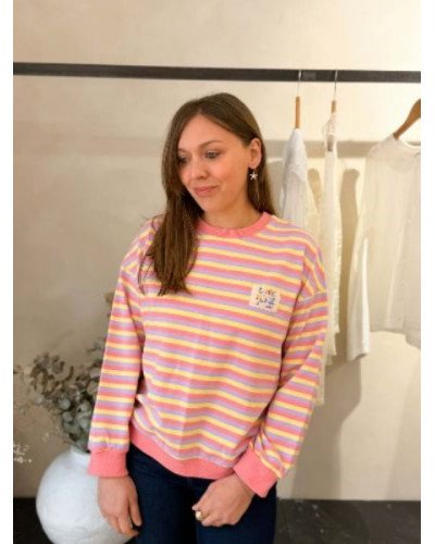 Sweat rayures rose violet et jaune