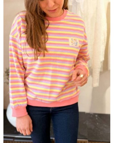 Sweat rayures rose violet et jaune