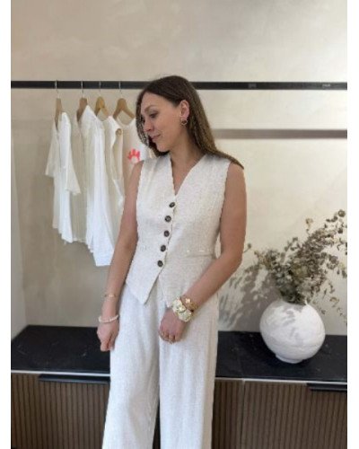 Ensemble pantalon gilet en lin beige