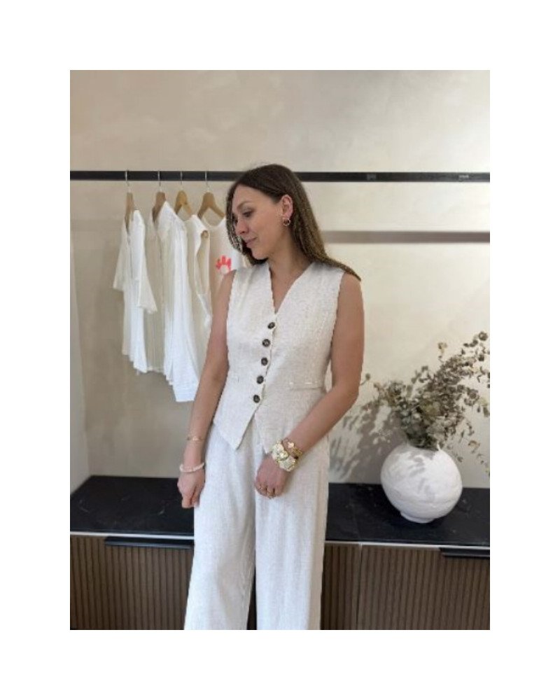Ensemble pantalon gilet en lin beige