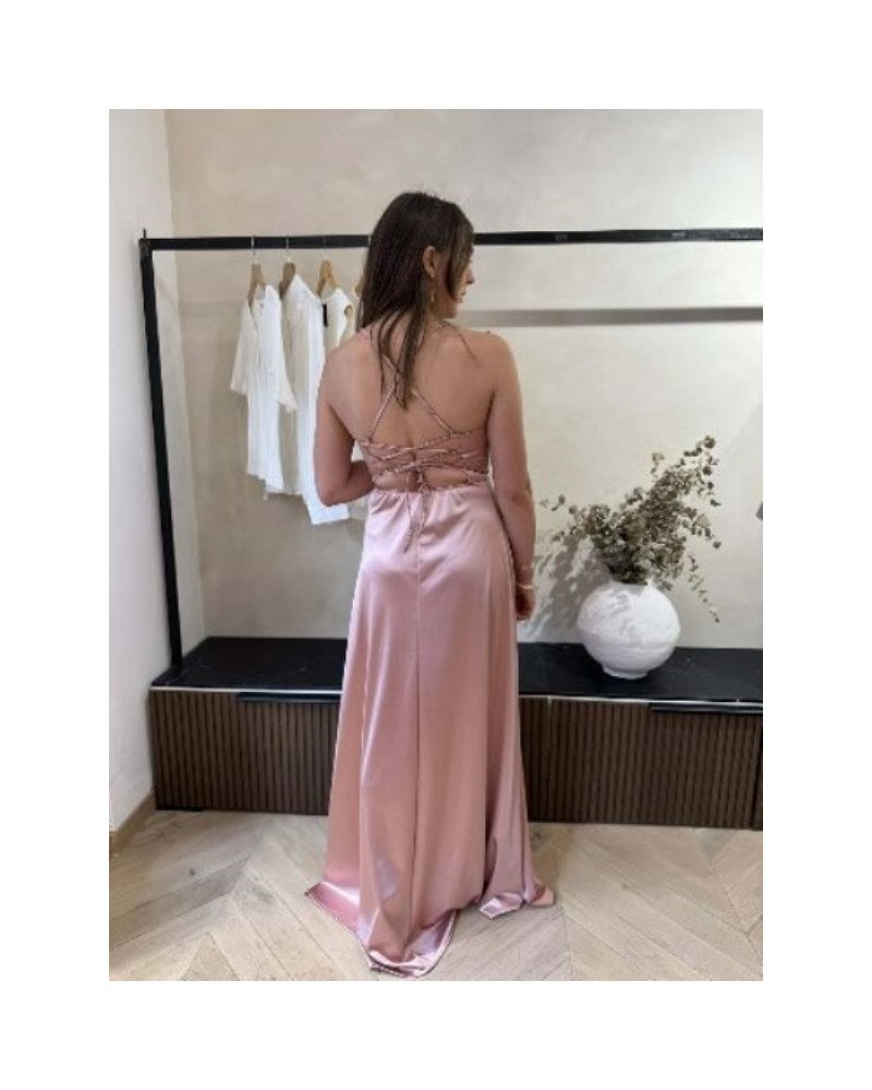 Robe longue satinée - Rose poudré