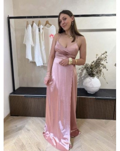 Robe longue satinée - Rose poudré