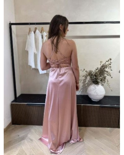 Robe longue satinée - Rose poudré