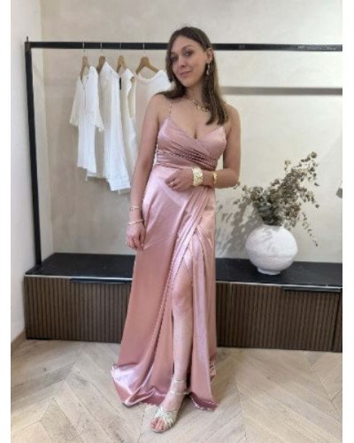 Robe longue satinée - Rose poudré