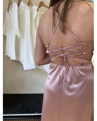 Robe longue satinée - Rose poudré