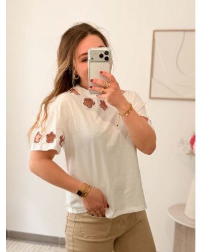 T-shirt blanc fleurs ajourées 