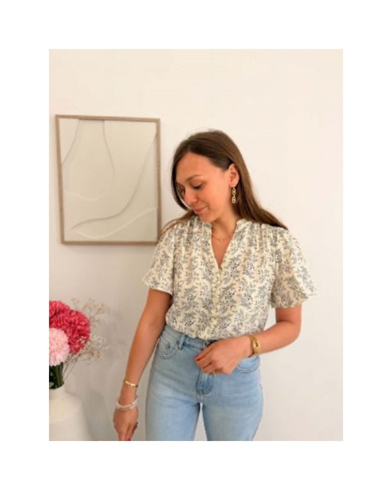 Blouse gaz de coton feuillage bleu