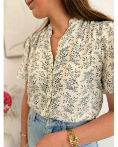 Blouse gaz de coton feuillage bleu