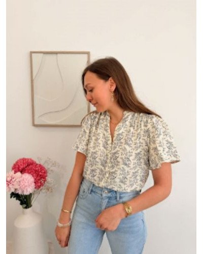 Blouse gaz de coton feuillage bleu