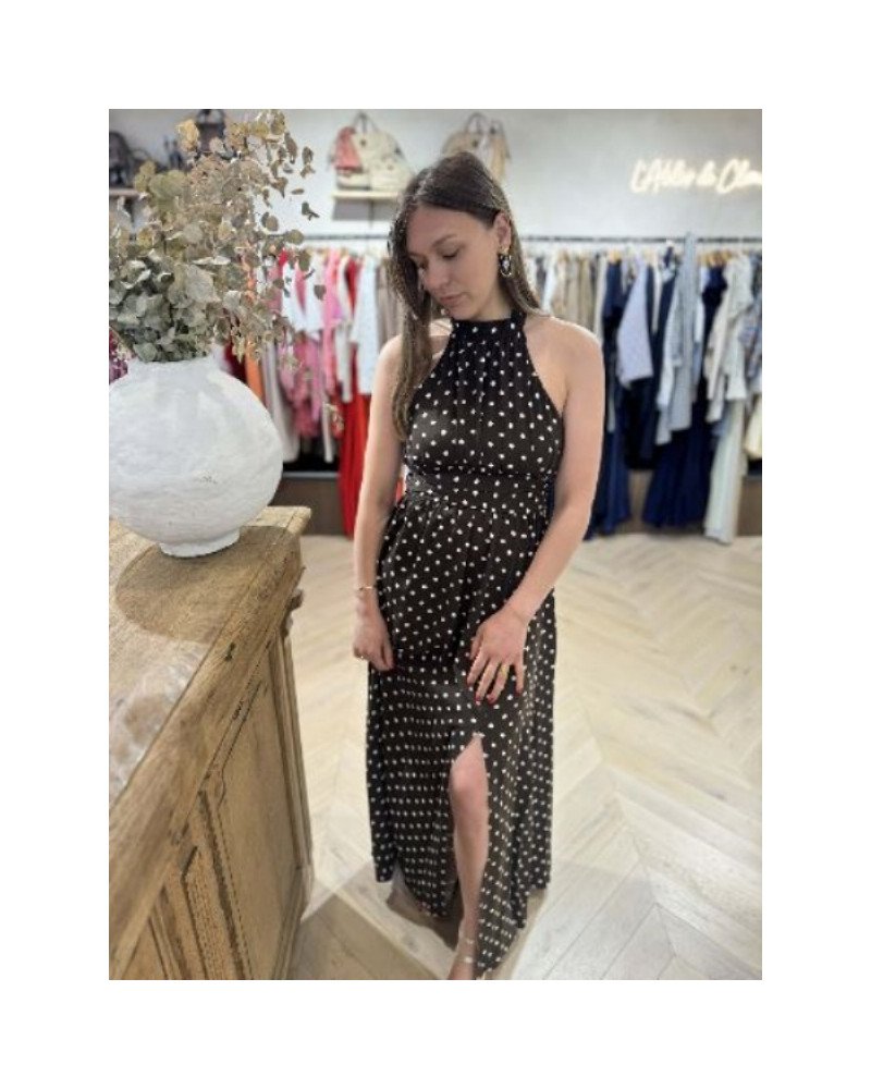 Robe longue marron a pois blancs