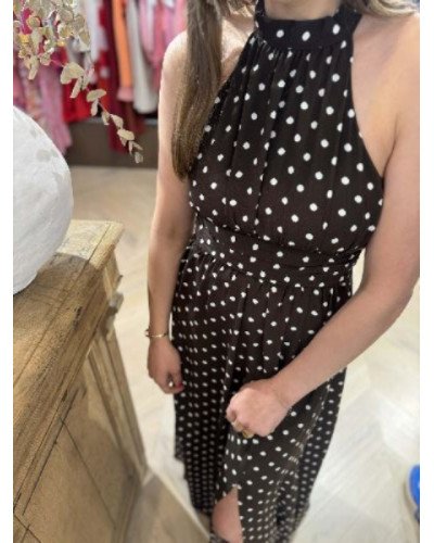 Robe longue marron a pois blancs