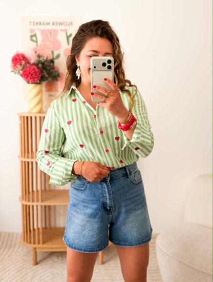 Chemise rayures vert coeur rose