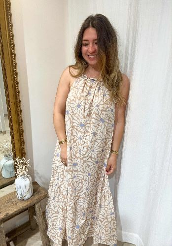 Robe longue fleurs beiges
