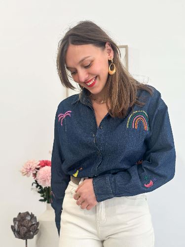 Chemisier jean broderies multicolor