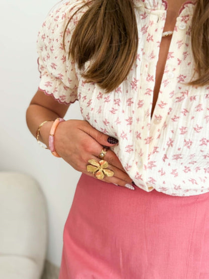 Blouse gaz de coton feuillage rose