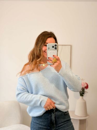 Pull bleu ciel - Epaule dentelle