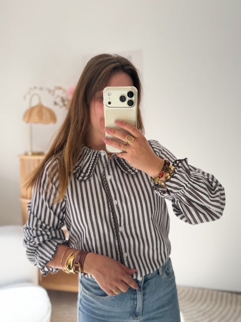 Chemisier rayé marron col claudine