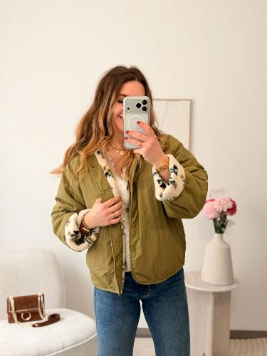 Veste réversible bouclette fleurie - Kaki
