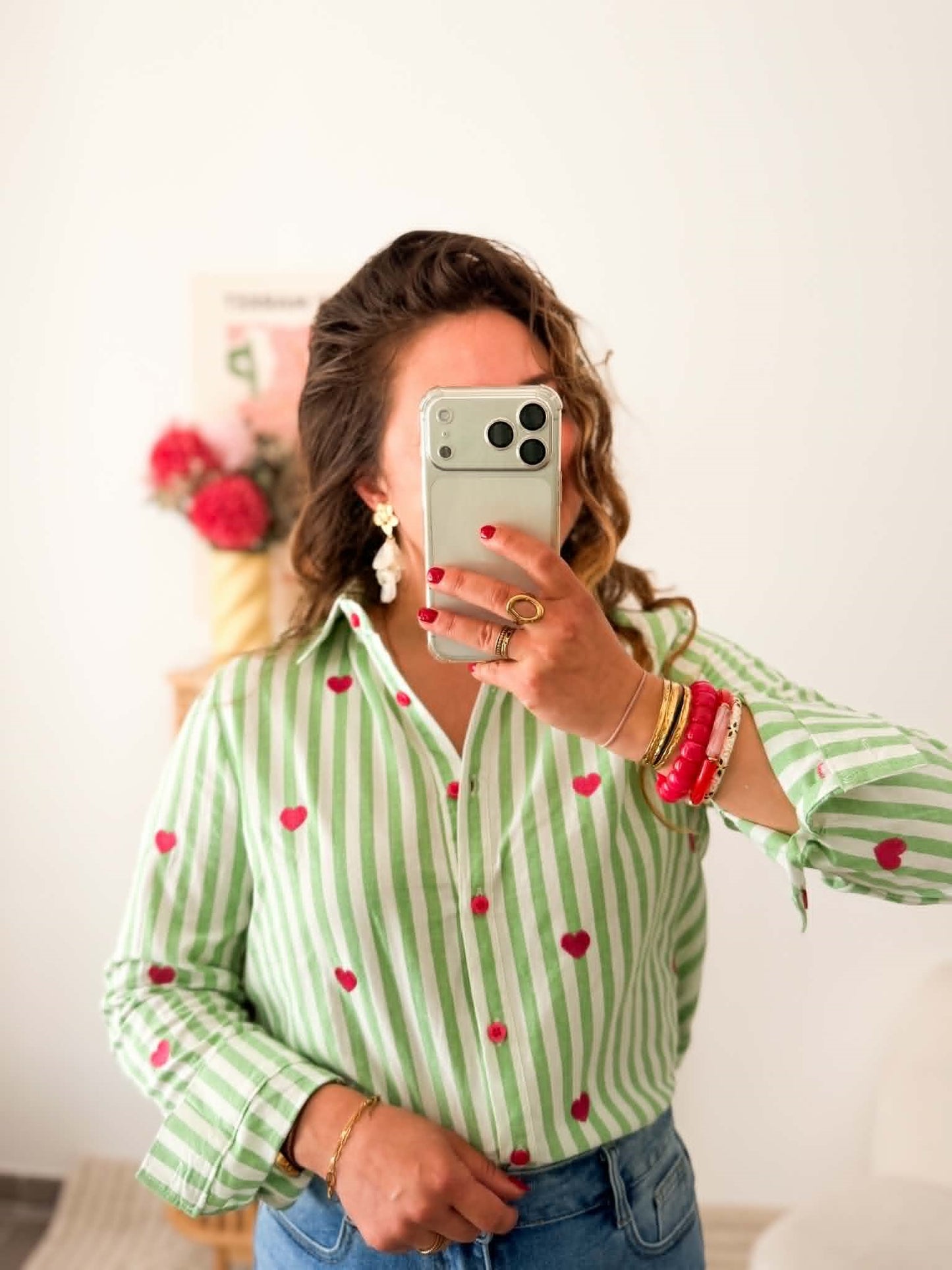 Chemise rayures vert coeur rose