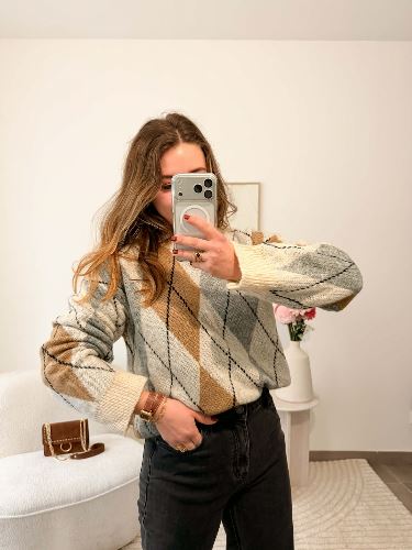 Pull à carreaux - Beige