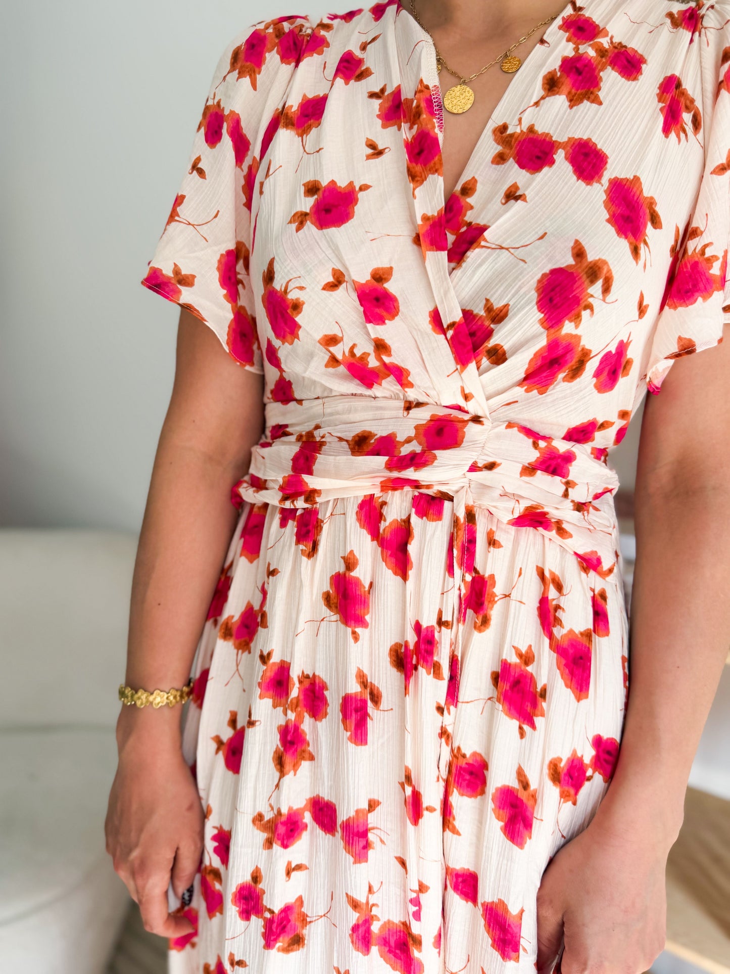 Robe longue fleurs camel et rose