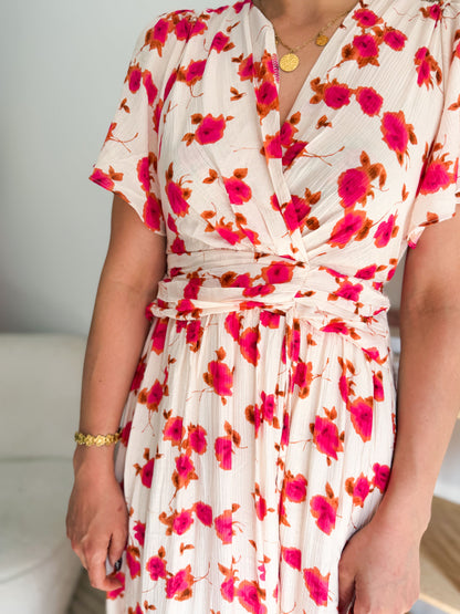 Robe longue fleurs camel et rose