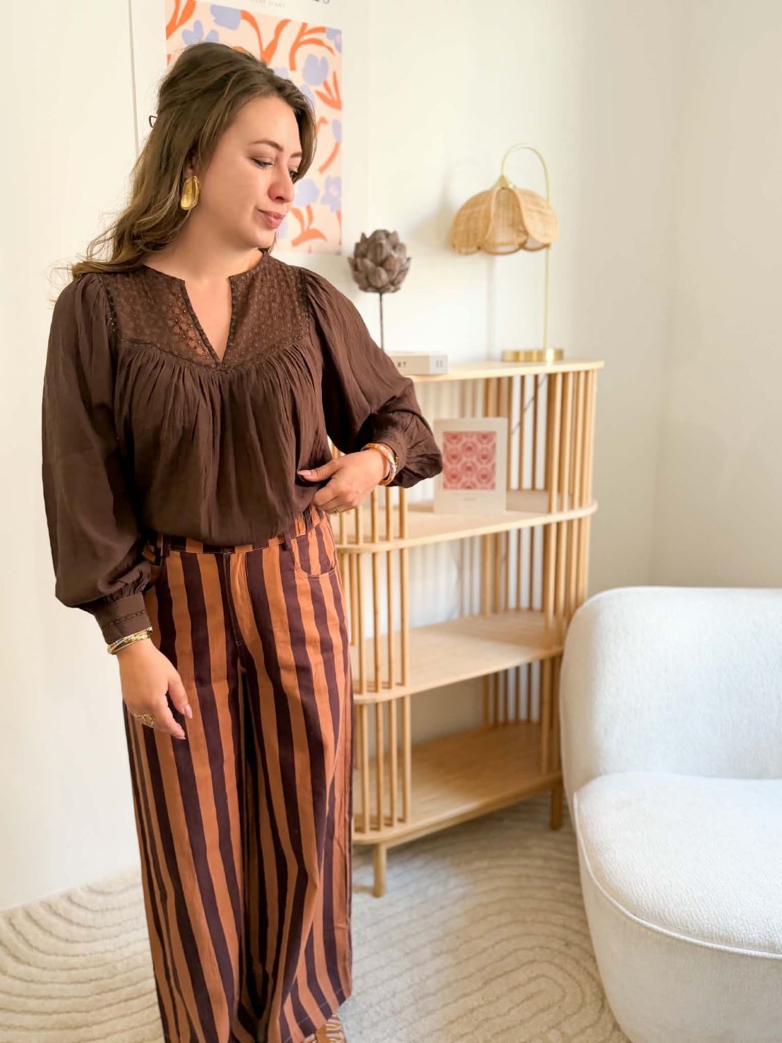 Pantalon rayé chocolat camel