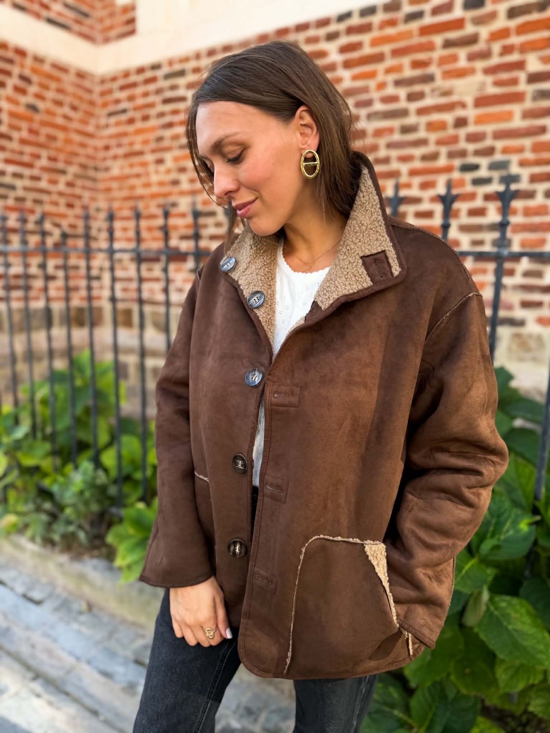 Manteau reversible moumoute/suédine marron