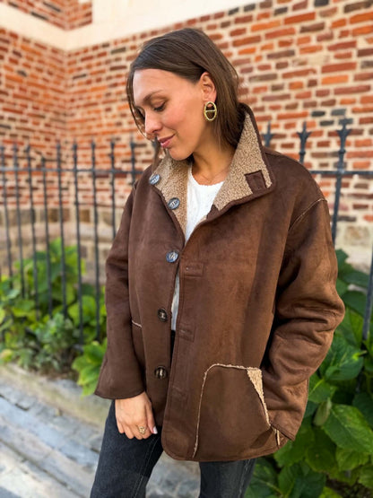Manteau reversible moumoute/suédine marron