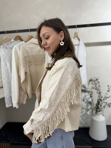 Veste jeans écru à franges
