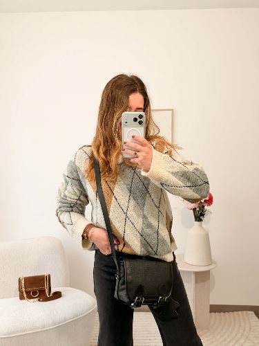 Pull à carreaux - Beige